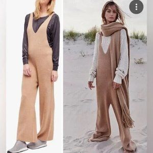 Free People Warm It Up Ribbed Knit Jumpsuit Beige Sleeveless size L
